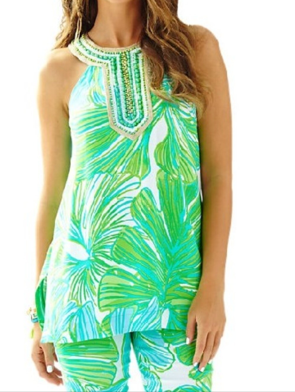 Lilly Pulitzer Fronds Place Print Green and White Embelished Top